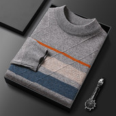 Svītrains modes ziemas trikotāžas džemperis vīriešiem ar apaļu kaklu, tievs ikdienas ērts, biezs, silts savienojuma vīriešu zīmola džemperis