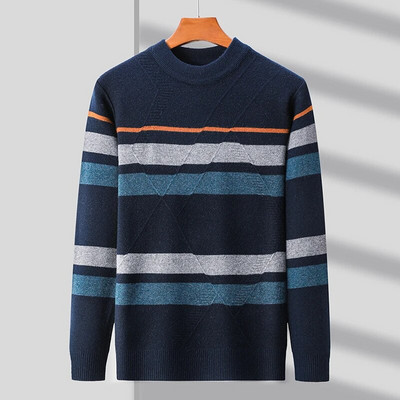 Svītrains modes ziemas trikotāžas džemperis vīriešiem ar apaļu kaklu, tievs ikdienas ērts, biezs, silts savienojuma vīriešu zīmola džemperis