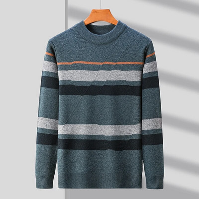 Svītrains modes ziemas trikotāžas džemperis vīriešiem ar apaļu kaklu, tievs ikdienas ērts, biezs, silts savienojuma vīriešu zīmola džemperis