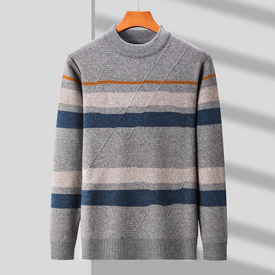 Svītrains modes ziemas trikotāžas džemperis vīriešiem ar apaļu kaklu, tievs ikdienas ērts, biezs, silts savienojuma vīriešu zīmola džemperis