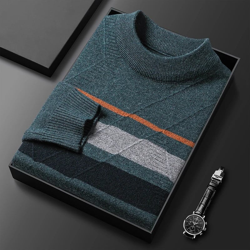 Svītrains modes ziemas trikotāžas džemperis vīriešiem ar apaļu kaklu, tievs ikdienas ērts, biezs, silts savienojuma vīriešu zīmola džemperis
