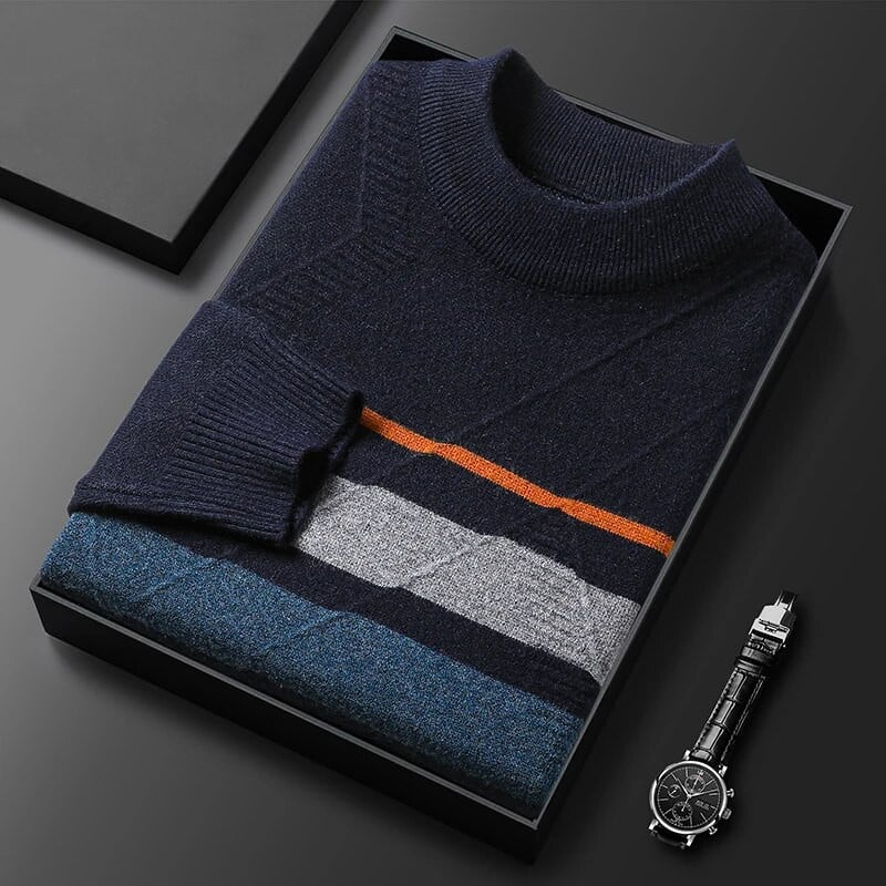 Svītrains modes ziemas trikotāžas džemperis vīriešiem ar apaļu kaklu, tievs ikdienas ērts, biezs, silts savienojuma vīriešu zīmola džemperis