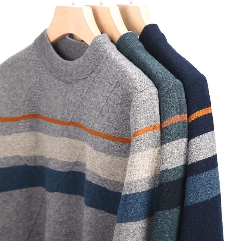 Svītrains modes ziemas trikotāžas džemperis vīriešiem ar apaļu kaklu, tievs ikdienas ērts, biezs, silts savienojuma vīriešu zīmola džemperis