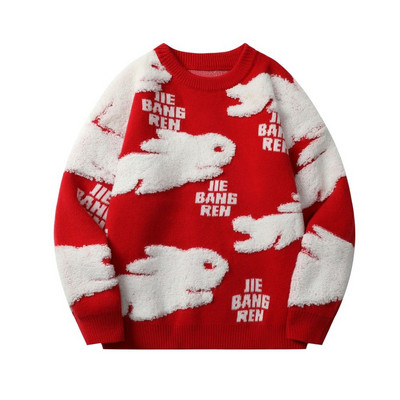 Harajuku Couple Rabbit kampsun Y2K jakk Punane lahtine kootud kampsun jakk Moodne triibuline ülisuur kampsun Meeste riided Pullover