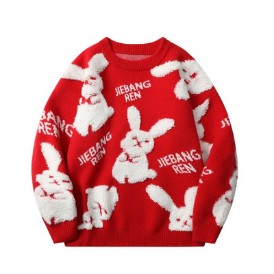 Harajuku Ζευγάρι Κουνέλι πουλόβερ Y2K Μπουφάν Κόκκινο Χαλαρό Πλεκτό Πλεκτό Μπουφάν Μόδα Ριγέ Πουλόβερ Υπερμεγέθη Ανδρικά Ρούχα Πουλόβερ