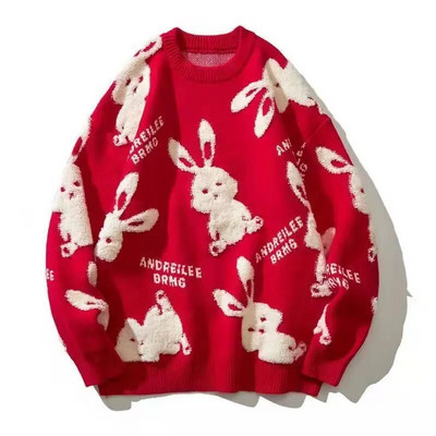 Harajuku Ζευγάρι Κουνέλι πουλόβερ Y2K Μπουφάν Κόκκινο Χαλαρό Πλεκτό Πλεκτό Μπουφάν Μόδα Ριγέ Πουλόβερ Υπερμεγέθη Ανδρικά Ρούχα Πουλόβερ