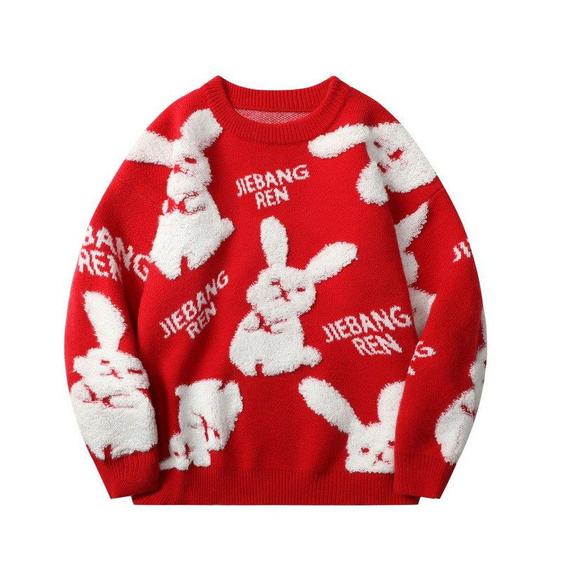 Harajuku Ζευγάρι Κουνέλι πουλόβερ Y2K Μπουφάν Κόκκινο Χαλαρό Πλεκτό Πλεκτό Μπουφάν Μόδα Ριγέ Πουλόβερ Υπερμεγέθη Ανδρικά Ρούχα Πουλόβερ