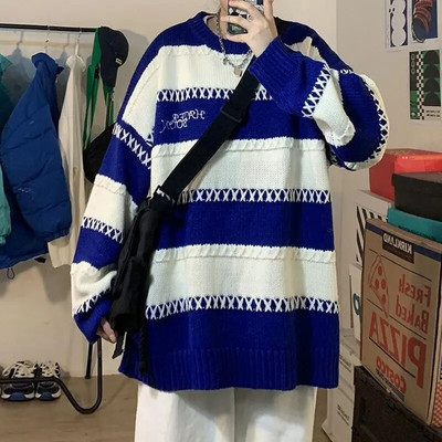 Есен и зима 2023 г. Нов Klein Blue Y2k Streetwear Men In Of Couples Lazy Wind Couple High Street Retro Sweater Top на райета