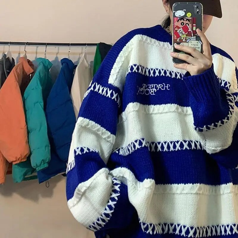 2023. gada rudens un ziemas jauns Klein zils Y2k ielas apģērbs vīriešiem, pāriem, slinks vējš, pāris High Street retro džemperis, svītrains tops