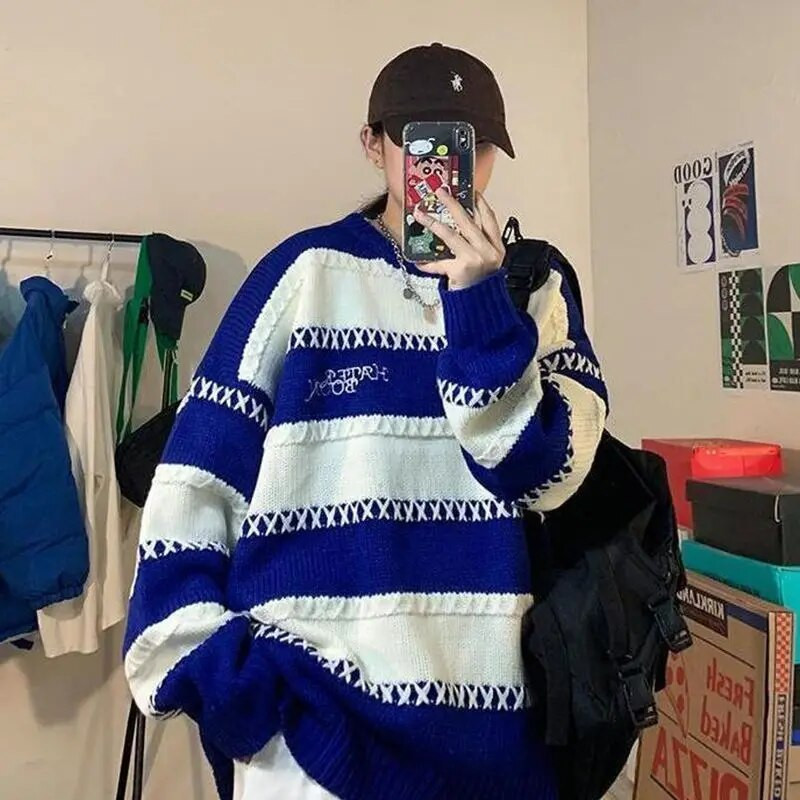 2023. gada rudens un ziemas jauns Klein zils Y2k ielas apģērbs vīriešiem, pāriem, slinks vējš, pāris High Street retro džemperis, svītrains tops