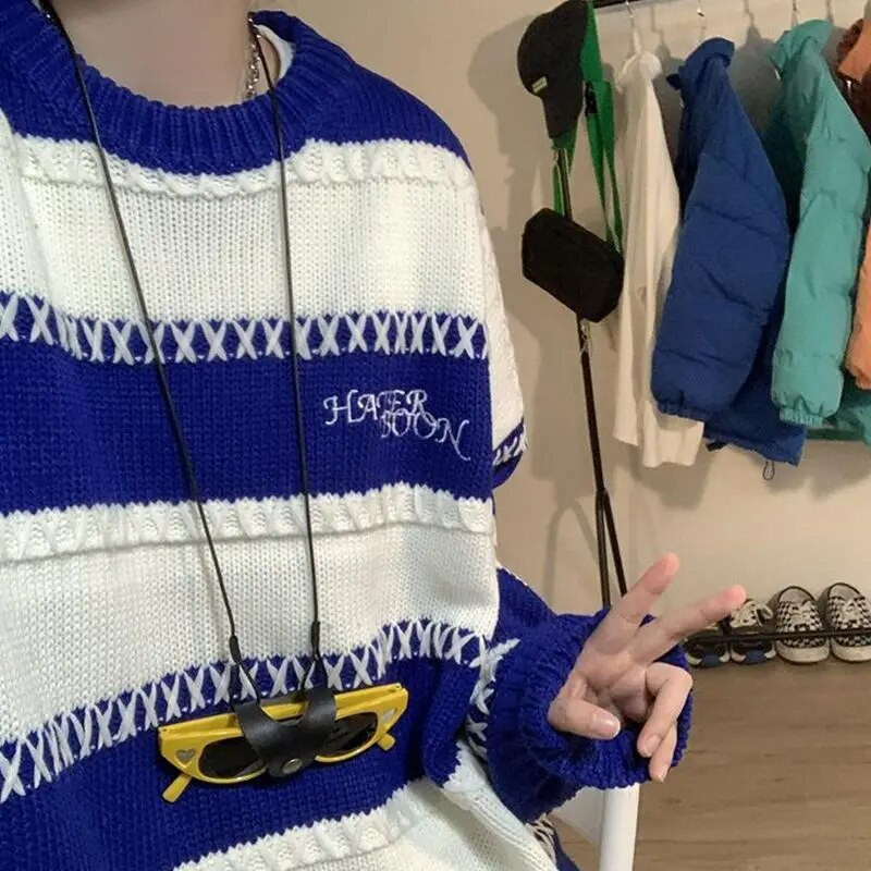 2023. gada rudens un ziemas jauns Klein zils Y2k ielas apģērbs vīriešiem, pāriem, slinks vējš, pāris High Street retro džemperis, svītrains tops