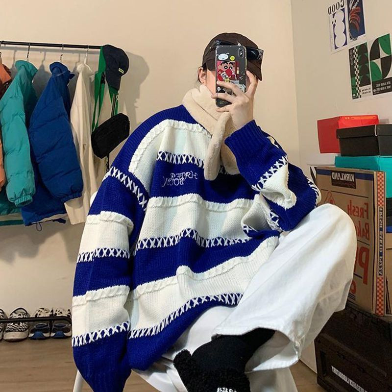 2023. gada rudens un ziemas jauns Klein zils Y2k ielas apģērbs vīriešiem, pāriem, slinks vējš, pāris High Street retro džemperis, svītrains tops