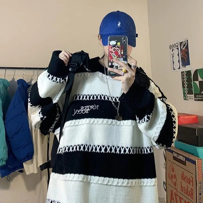 2023. gada rudens un ziemas jauns Klein zils Y2k ielas apģērbs vīriešiem, pāriem, slinks vējš, pāris High Street retro džemperis, svītrains tops