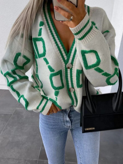 2023 есенно-зимна плетена жилетка Модна дамска свободна пуловер с V-образно деколте с дълъг ръкав Дебела топла женска зелена ежедневна жилетка с принт