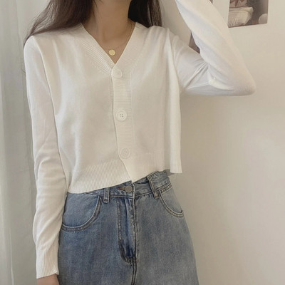 2023. gada rudens pogas ar V-veida kakla izgriezumu, apgriezts džemperis, sieviešu ziemas korejiešu vienkrāsains ar garām piedurknēm, īsi trikotāžas topi balti melni zaļi zili