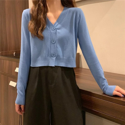 2023. gada rudens pogas ar V-veida kakla izgriezumu, apgriezts džemperis, sieviešu ziemas korejiešu vienkrāsains ar garām piedurknēm, īsi trikotāžas topi balti melni zaļi zili