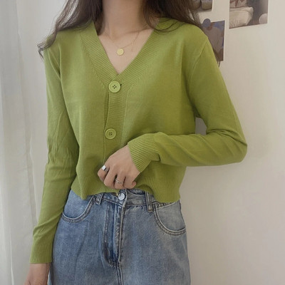 2023. gada rudens pogas ar V-veida kakla izgriezumu, apgriezts džemperis, sieviešu ziemas korejiešu vienkrāsains ar garām piedurknēm, īsi trikotāžas topi balti melni zaļi zili