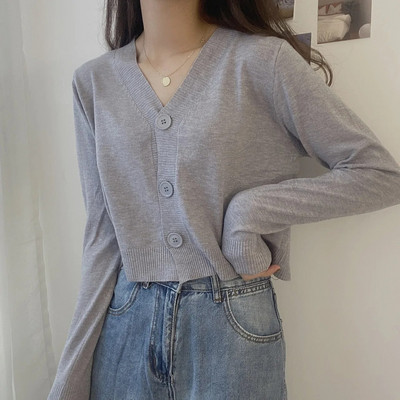 2023. gada rudens pogas ar V-veida kakla izgriezumu, apgriezts džemperis, sieviešu ziemas korejiešu vienkrāsains ar garām piedurknēm, īsi trikotāžas topi balti melni zaļi zili