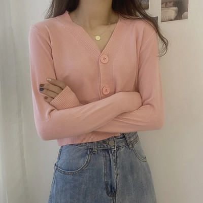 2023. gada rudens pogas ar V-veida kakla izgriezumu, apgriezts džemperis, sieviešu ziemas korejiešu vienkrāsains ar garām piedurknēm, īsi trikotāžas topi balti melni zaļi zili