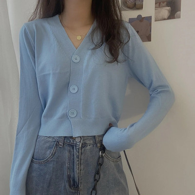 2023. gada rudens pogas ar V-veida kakla izgriezumu, apgriezts džemperis, sieviešu ziemas korejiešu vienkrāsains ar garām piedurknēm, īsi trikotāžas topi balti melni zaļi zili