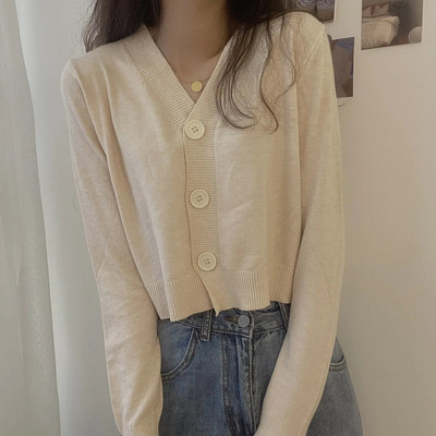 2023. gada rudens pogas ar V-veida kakla izgriezumu, apgriezts džemperis, sieviešu ziemas korejiešu vienkrāsains ar garām piedurknēm, īsi trikotāžas topi balti melni zaļi zili