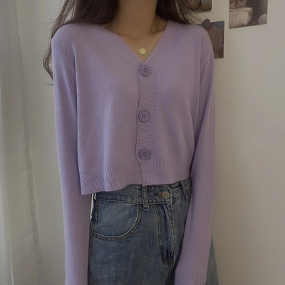 2023. gada rudens pogas ar V-veida kakla izgriezumu, apgriezts džemperis, sieviešu ziemas korejiešu vienkrāsains ar garām piedurknēm, īsi trikotāžas topi balti melni zaļi zili