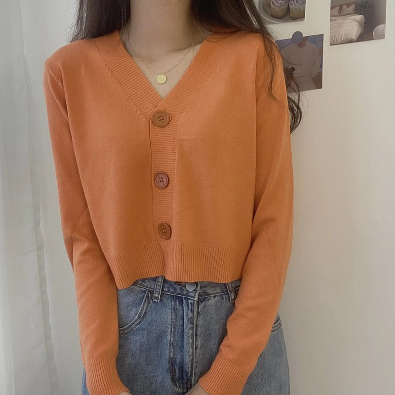 2023. gada rudens pogas ar V-veida kakla izgriezumu, apgriezts džemperis, sieviešu ziemas korejiešu vienkrāsains ar garām piedurknēm, īsi trikotāžas topi balti melni zaļi zili