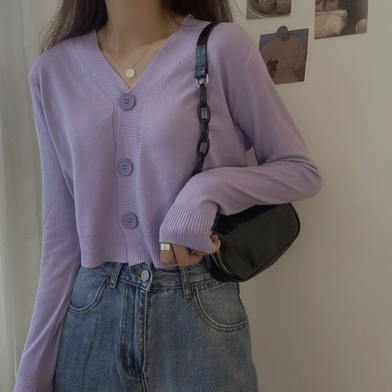 2023. gada rudens pogas ar V-veida kakla izgriezumu, apgriezts džemperis, sieviešu ziemas korejiešu vienkrāsains ar garām piedurknēm, īsi trikotāžas topi balti melni zaļi zili