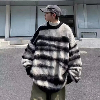 Ανδρικό πλεκτό πουλόβερ High Street Vintage Φθινοπωρινό ριγέ πουλόβερ με λαιμόκοψη Jumpers Y2K Hip Hop Κορεατικά πλεκτά Jersey Hombre
