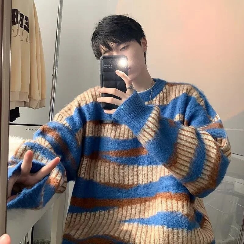 High Street Vintage vīriešu trikotāžas džemperis rudens svītrains džemperi džemperi Y2K hip hop korejiešu trikotāžas trikotāžas džemperis