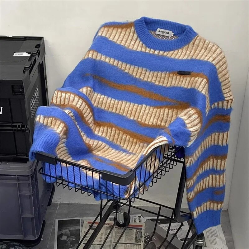 High Street Vintage vīriešu trikotāžas džemperis rudens svītrains džemperi džemperi Y2K hip hop korejiešu trikotāžas trikotāžas džemperis