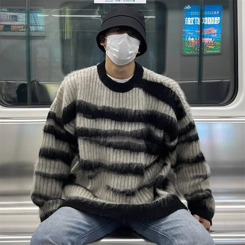 High Street Vintage vīriešu trikotāžas džemperis rudens svītrains džemperi džemperi Y2K hip hop korejiešu trikotāžas trikotāžas džemperis