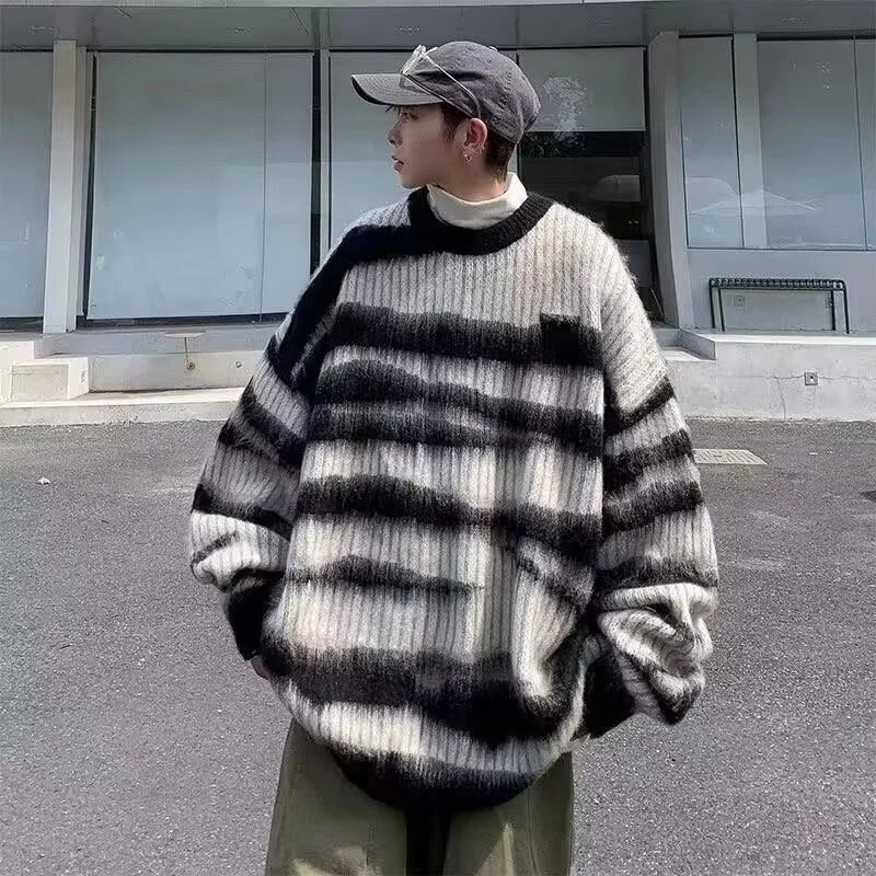 High Street Vintage vīriešu trikotāžas džemperis rudens svītrains džemperi džemperi Y2K hip hop korejiešu trikotāžas trikotāžas džemperis