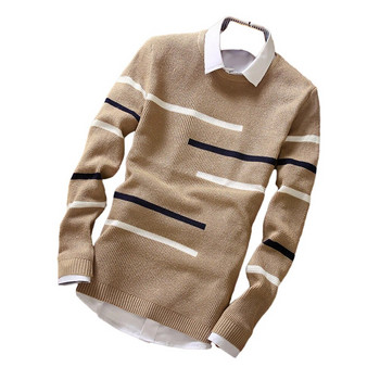 Мъжки пуловер с О-образно деколте с дълъг ръкав Раиран плетен пуловер Суичър Ежедневни разтегливи пуловери Есен Зима Топли горнища