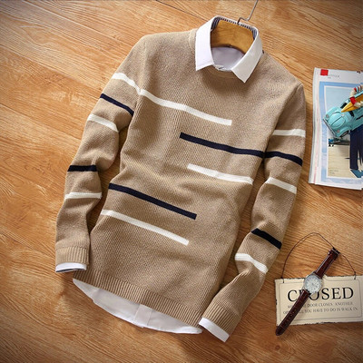 Vīriešu O kakla džemperis ar garām piedurknēm, svītrains trikotāžas augšējais džemperis džemperis Ikdienas elastīgi džemperi rudens ziemas siltie topi