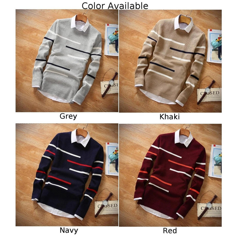 Vīriešu O kakla džemperis ar garām piedurknēm, svītrains trikotāžas augšējais džemperis džemperis Ikdienas elastīgi džemperi rudens ziemas siltie topi