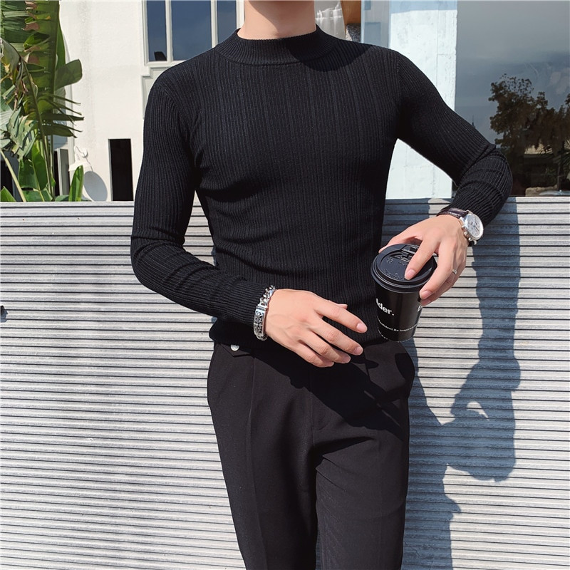 Klīrenss Zīmols Boutique Silts Modes Svītrains Vienkrāsains Pusaugsta Apkakle Ikdienas biznesa Vīriešu Džemperis Stretch Trikotāžas Pulovers