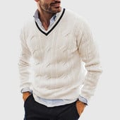 Megztiniai Vyriški rudeniniai vienspalviai vilnoniai megztiniai Ploni ilgomis rankovėmis V kaklu Pusiau vilnoniai Oversize megzti megztiniai megztiniai Pull Homme