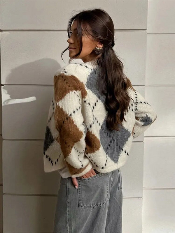 Sieviešu džemperi ar briljanta adītu jaciņu ar paneļiem ar O veida kakla izgriezumu garām piedurknēm ar vienrindu sieviešu džemperi 2023. gada ziemas mīksts sieviešu virsdrēbes