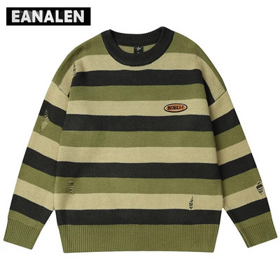 Harajuku svītrains džemperis vīriešiem ziemas džemperis trikotāžas džemperis Vintage gotikas korejiešu ikdienas džemperis caurums Neglīts džemperis sieviešu Y2K