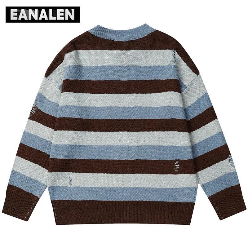 Harajuku svītrains džemperis vīriešiem ziemas džemperis trikotāžas džemperis Vintage gotikas korejiešu ikdienas džemperis caurums Neglīts džemperis sieviešu Y2K