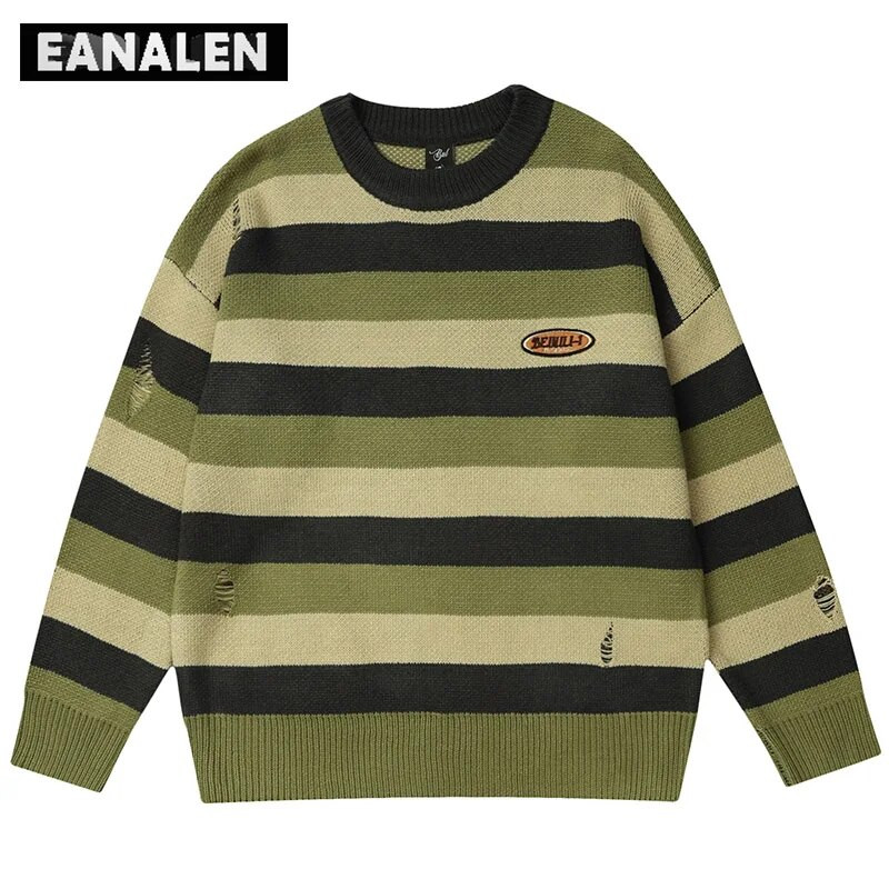 Harajuku svītrains džemperis vīriešiem ziemas džemperis trikotāžas džemperis Vintage gotikas korejiešu ikdienas džemperis caurums Neglīts džemperis sieviešu Y2K