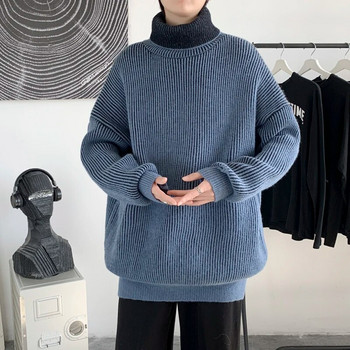 Пуловер с висока яка Мъжки зимни свободни модни универсални райета Дебели базови термични парапети пуловери Трикотаж Vintage Harajuku