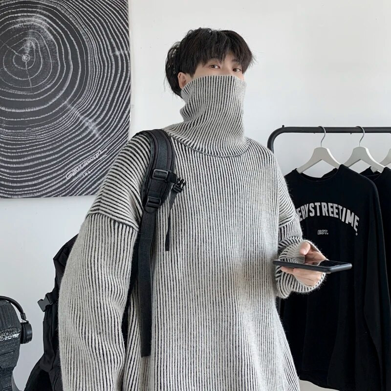 Džemperis ar bruņurupuču apkakli vīriešiem, ziemas brīvs, moderns, universāls, svītrains, biezs, pamata termiski džemperis Puloveri Trikotāža Vintage Harajuku