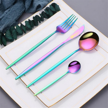 Огледало Rainbow Комплект прибори за хранене от неръждаема стомана Десертна вилица Лъжица Нож Комплект сребърни прибори Стоманена пръчица Пълен комплект за вечеря