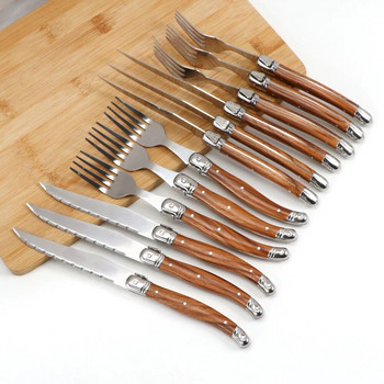 Jaswehome 6Piece Wood Grain Handle Steak Knife Fork Collection Western Food Комплект ножове и вилици Прибори за хранене от неръждаема стомана