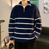 Svītraina raksta Augstas kvalitātes vīriešu džemperi Puloveri Kokvilna Rudens Ziemas Pusaugstums Rāvējslēdzējs Trikotāžas Fit Tips Džemperis D04