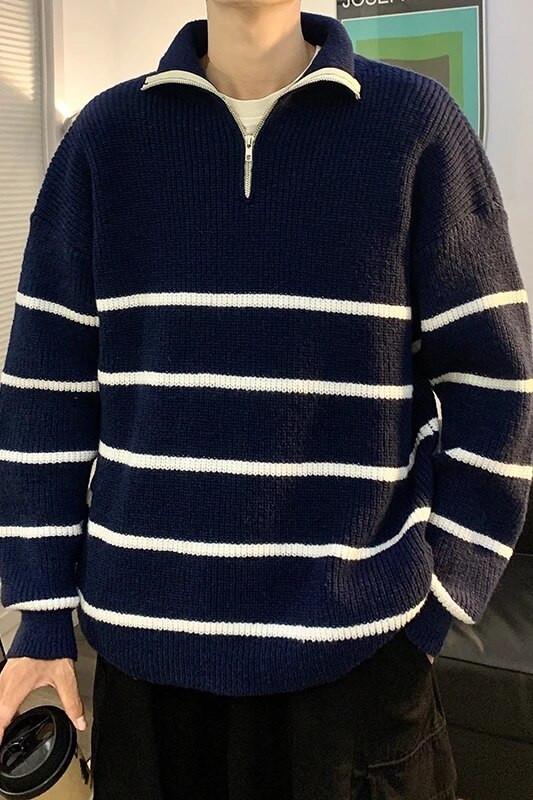 Svītraina raksta Augstas kvalitātes vīriešu džemperi Puloveri Kokvilna Rudens Ziemas Pusaugstums Rāvējslēdzējs Trikotāžas Fit Tips Džemperis D04