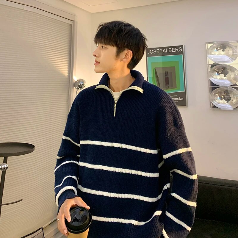 Svītraina raksta Augstas kvalitātes vīriešu džemperi Puloveri Kokvilna Rudens Ziemas Pusaugstums Rāvējslēdzējs Trikotāžas Fit Tips Džemperis D04