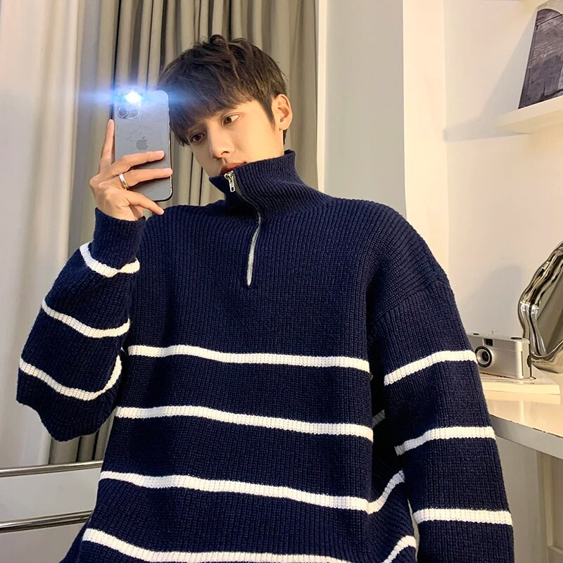 Svītraina raksta Augstas kvalitātes vīriešu džemperi Puloveri Kokvilna Rudens Ziemas Pusaugstums Rāvējslēdzējs Trikotāžas Fit Tips Džemperis D04